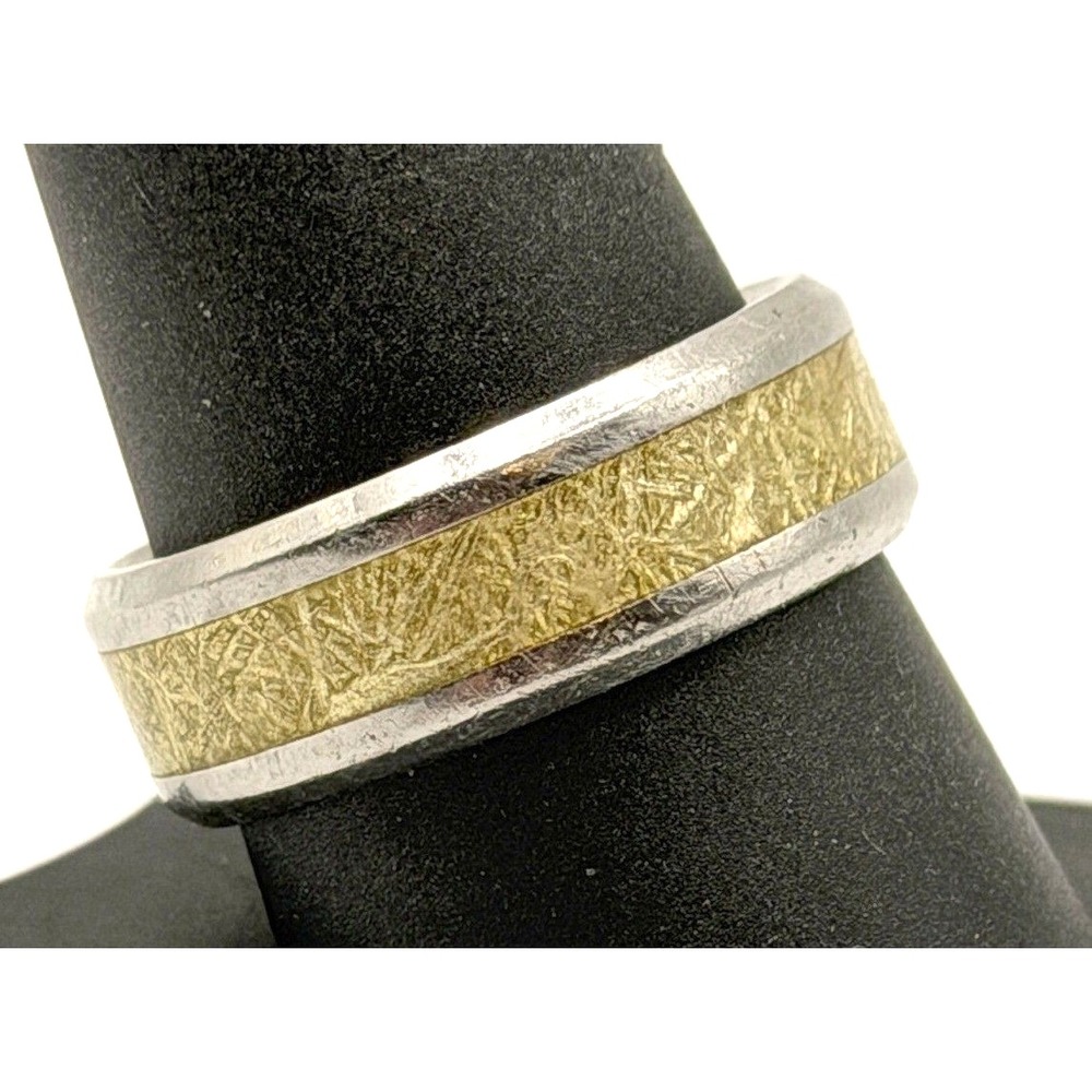 Yellow Inlay Modern Band Ring Size 9.75‎ Silver Tone Unique